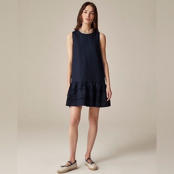 NWT J.Crew Maxine ruffle-trim dress in linen Navy Blue XS Preppy Vacation Casual - Picture 1 of 13